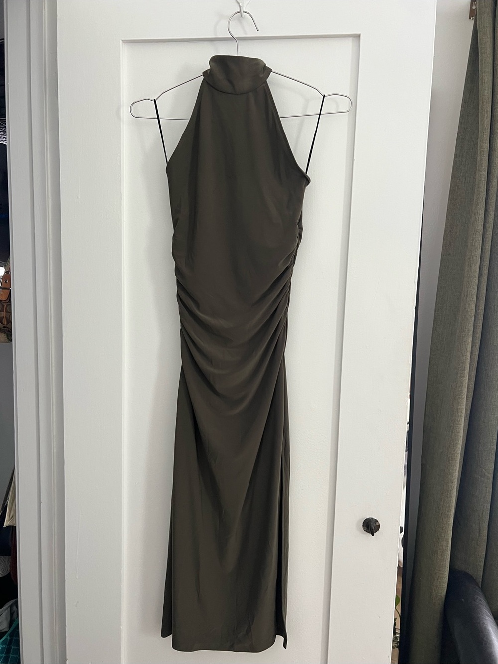 Aritzia Olive Halter Neck Ruched Maxi Dress